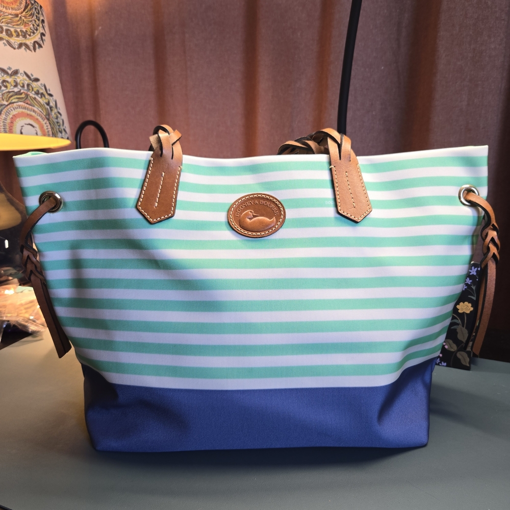 Dooney & Bourke Mint Green and White Striped Tote with Blue Base